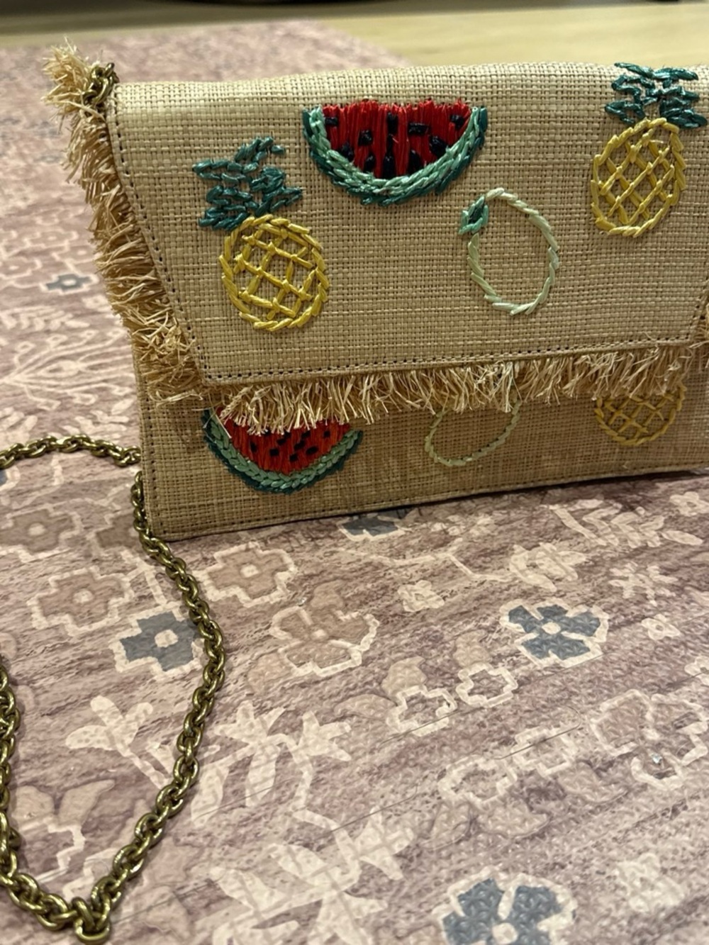 J. Crew Embroidered Straw Crossbody in Beige with Red, Yellow & Green Accents